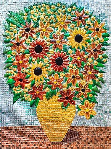Amber Sunflowers. Still life Flowers in vase. Precious stones & marble mosaic wall art wall sculpture van Irina BAST, Andere media te koop op Singulart
