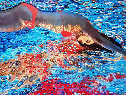 Woman diving into the water in the swimming pool, sea, ocean with blue turquoise color reflections with bright sun glares. Impressionistic artwork. Original painting wall art home decor. Art Gift Irina BAST