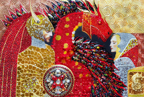 Princess, knight and red dragon. Fantasy art, original decorative red painting on canvas Irina BAST