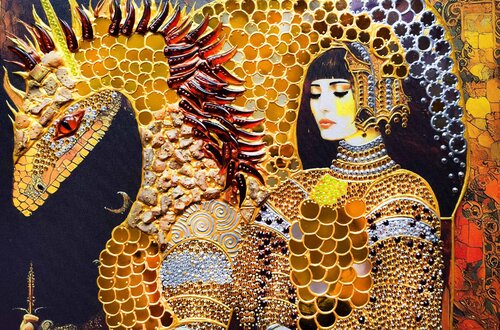 Woman knight and dragon. Fantasy art. Female portrait woman art van Irina BAST, Schilderij te koop op Singulart
