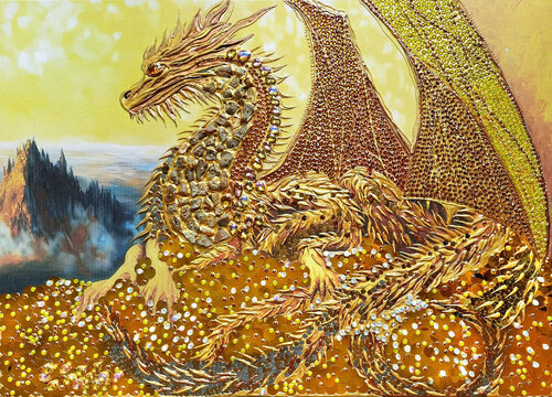 Golden dragon - original painting on canvas with crystal shimmering rhinestones and golden coins. Fantasy art. van Irina BAST, Schilderij te koop op Singulart