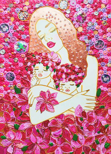 Mother and babies. Hot pink painting with floral woman. Mosaic love gift van Irina BAST, Schilderij te koop op Singulart