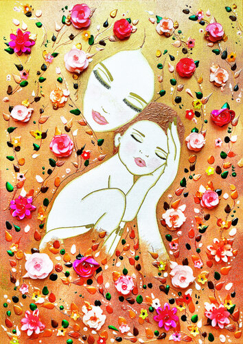 Mother Earth and baby. Summer floral woman with pink flowers van Irina BAST, Schilderij te koop op Singulart