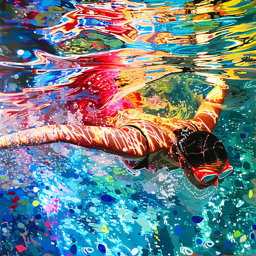 Woman under water in the swimming pool, sea, ocean with blue color waves with bright sun glares. Impressionistic artwork. Original painting wall art home decor. Art Gift di Irina BAST, Digitale in vendita su Singulart