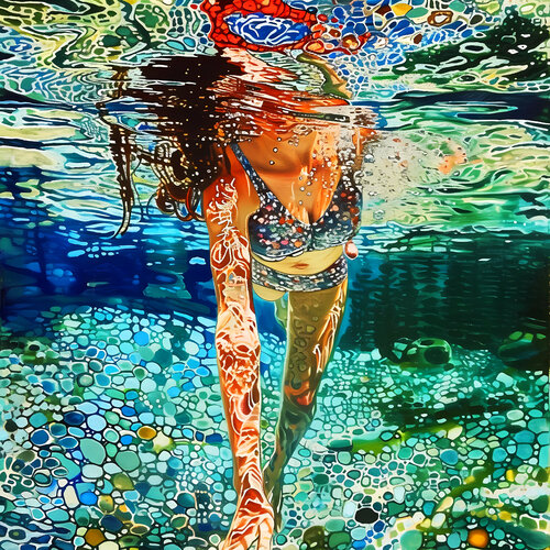 Woman under water in the swimming pool, sea, ocean with blue green turquoise color waves with bright sun glares. Impressionistic artwork. Original painting wall art home decor. Art Gift von Irina BAST, Digital kaufen auf Singulart