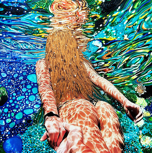 Follow me... Woman underwater sea, ocean with blue green color waves with bright sun glares. Impressionistic artwork. Original painting wall art home decor. Art Gift van Irina BAST, Schilderij te koop op Singulart