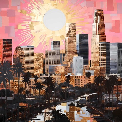 California Dreaming. Sunset in Los Angeles. Abstract urban USA cityscene, colorful pink gold black burgundy beige bronze landscape art. Large wall art home decor. Original art gift. Irina BAST