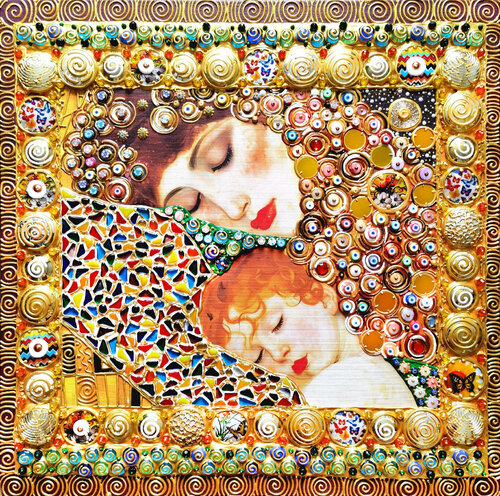 Mother and baby - Gustav Klimt inspired love painting with woman and child. Nursery girl room wall home decor. Art gift for mom wife von Irina BAST, Malerei kaufen auf Singulart