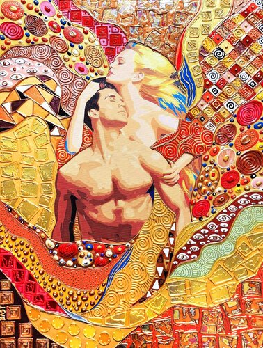 Mosaic of Love. Man and woman couple portrait abstract in Gustav Klimt style. Unique art gift for wife husband, Wedding and Anniversary. van Irina BAST, Schilderij te koop op Singulart