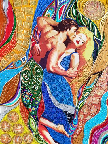 Waves of passion. Man and woman couple portrait abstract in Gustav Klimt style. Unique art gift for wife husband, Wedding and Anniversary. van Irina BAST, Schilderij te koop op Singulart