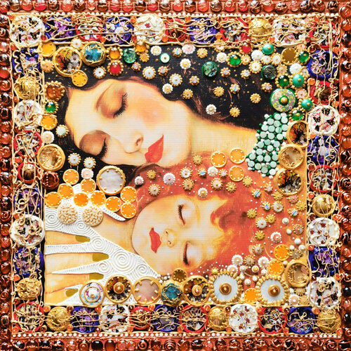 Mom and daughter, mother and baby - Gustav Klimt inspired love painting with woman and child. Nursery girl room wall home decor. Art gift for mom wife von Irina BAST, Malerei kaufen auf Singulart