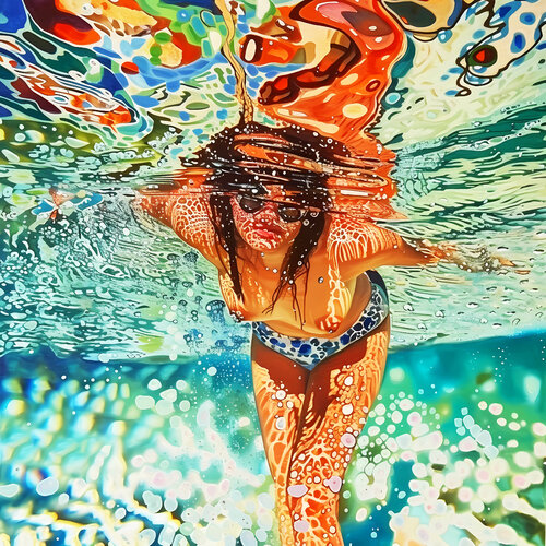 Nude woman under water in the swimming pool, sea, ocean with turquoise color waves with bright sun glares. Impressionistic artwork. Positive holiday bright wall art home decor. Art Gift by Irina BAST, Digital for Sale on Singulart