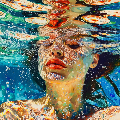 Woman under water in the swimming pool, sea, ocean with blue green turquoise color waves with bright sun glares. Impressionistic artwork with female face portrait. Positive relax holiday colorful wall art home decor. Art Gift di Irina BAST, Digitale in vendita su Singulart
