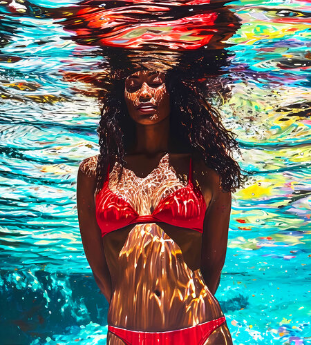 Beautiful sexy hot black african american woman in red bikini under water in the swimming pool, sea, ocean with blue turquoise color waves with bright sun glares. Female portrait artwork, sexy body figure woman. Positive relax holiday colorful wall art ho by Irina BAST, Digital for Sale on Singulart