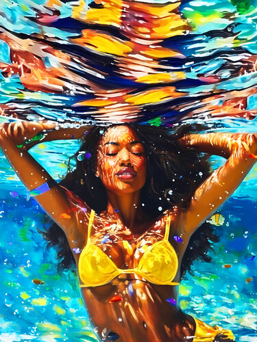 Beautiful black african american woman in a yellow bikini under water in the swimming pool, sea, ocean with blue turquoise color waves with bright sun glares. Female portrait artwork, sexy body figure woman. Positive relax holiday colorful wall art home d by Irina BAST, Digital for Sale on Singulart