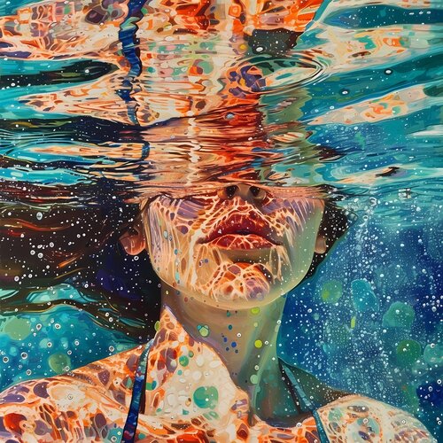 Woman under water in the swimming pool, sea, ocean with blue green turquoise color waves with bright sun glares. Impressionistic artwork with female face portrait. Positive relax holiday colorful wall art home decor. Art Gift Irina BAST