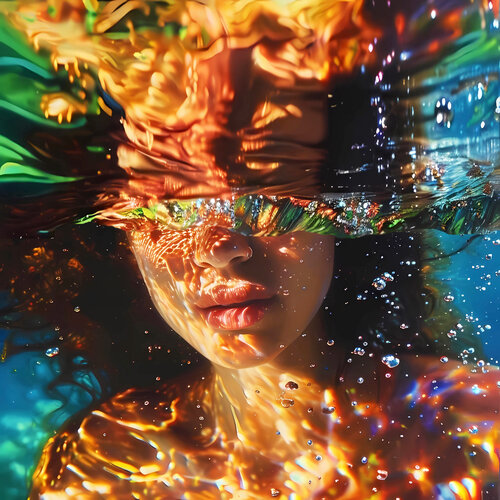 Beautiful black african american woman under water in the swimming pool, sea, ocean with blue turquoise color waves with bright sun glares. Female portrait artwork. Positive holiday colorful large wall art home decor by Irina BAST, Digital for Sale on Singulart
