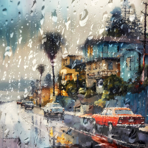Rainy day in south city. Urban cityscene, retro mid century retro impressionistic landscape art. Large wall home decor. Art Gift by Irina BAST, Digital for Sale on Singulart
