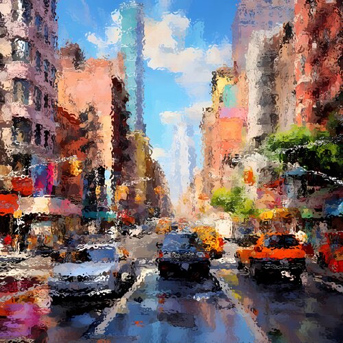 American street after the rain. Urban 7th Avenue and Broadway Times Square New York City USA cityscene, colorful impressionistic landscape art. Large wall art home decor. Art Gift Irina BAST