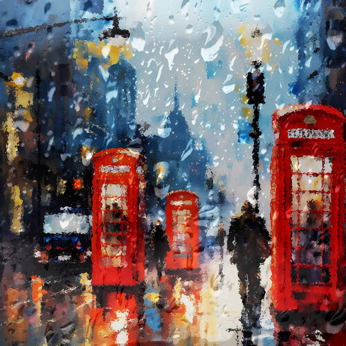 Rainy evening in London. Urban English cityscene impressionistic street with red telephone booths. Urban misty cityscape retro midcentury modern landscape art. Large grey red wall home decor. Art Gift de Irina BAST, Digital a la venta en Singulart