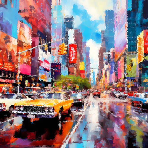 New York street after the rain. Urban 7th Avenue and Broadway Times Square New York City USA cityscene, colorful impressionistic landscape art. Large wall art home decor. Art Gift Irina BAST