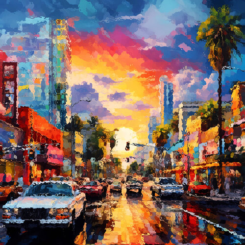 American street at sunset after the rain. Urban cityscene, colorful impressionistic landscape art. Large wall art home decor. Art Gift di Irina BAST, Digitale in vendita su Singulart