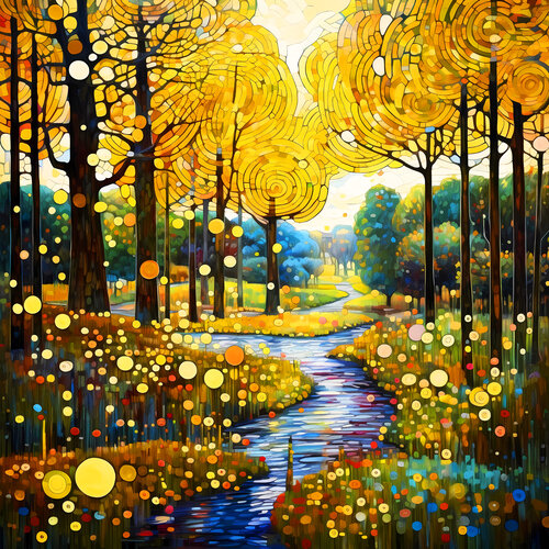 Warm green gold forest and calm river with light reflections and bright sunbeams in Klimt style. Positive relax colorful wall art for home decor von Irina BAST, Digital kaufen auf Singulart