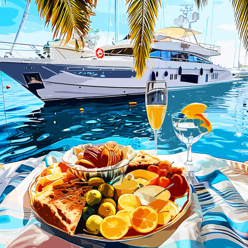 Breakfast with fruit juice and cocktail. Chic rich luxury vacation holiday on a yacht ship in the sea ocean. Positive relax sunny bright colorful wall art for marine home decor. Art Gift by Irina BAST, Digital for Sale on Singulart