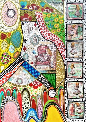 Alice in Wonderland - original fine art, fantasy fairy tale cartoon artwork, vivid colorful mixed media collage abstract painting van Irina BAST, Schilderij te koop op Singulart