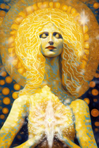 Inner Light. 180 x 120 cm. Magical radiance of the soul. Futuristic fantasy fabulous esoteric surreal mystery harmonious artwork. Yoga meditation relaxation pray aura grace Large format wall art on canvas. Original golden yellow huge digital painting by Irina BAST, Print for Sale on Singulart
