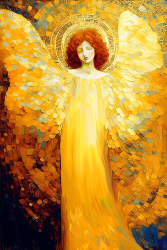 Sunny Angel.  Magical radiance of the soul. Bright futuristic fantasy fabulous esoteric surreal mystery harmonious golden art. Meditation relaxation pray aura grace artwork. Large format wall art on canvas von Irina BAST, Digital kaufen auf Singulart