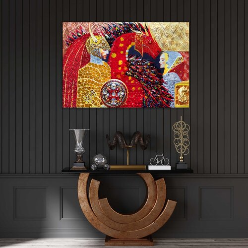 Princess, knight and red dragon. Fantasy art on canvas by Irina BAST, Print for Sale on Singulart