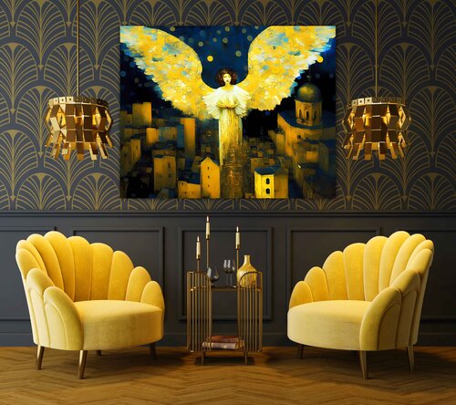Night Angel. Fairytale cityscape. Original large format fantasy surrealism mythology legend art, symbolic artwork, romantic golden and dark blue wall art for home decor. Nice lovely gift. by Irina BAST, Digital for Sale on Singulart