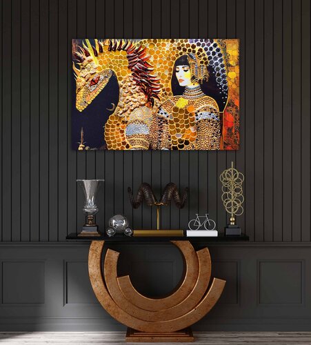 Woman knight and dragon. Fantasy surrealism fairy tale magic art. Renaissance middle ages castle golden bronze art. Female portrait woman wall art for home decor by Irina BAST, 인쇄 for Sale on Singulart