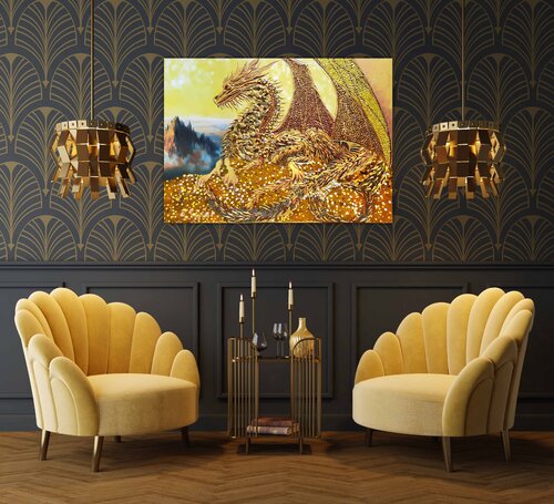 Golden dragon - fantasy artwork on canvas. Surrealism fairy tale magic golden bronze wall art for home decor von Irina BAST, Druck kaufen auf Singulart