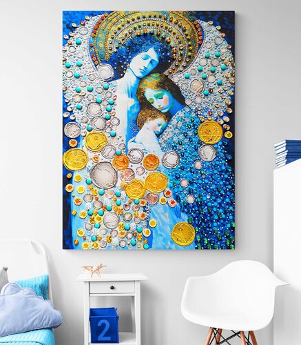 Guardian angel - Large format wall art with mom and baby. HUGE Love wall decor. Blue silver golden decorative artwork. Bright futuristic fantasy esoteric surreal mystery harmonious meditation relaxation aura art by Irina BAST, Print for Sale on Singulart