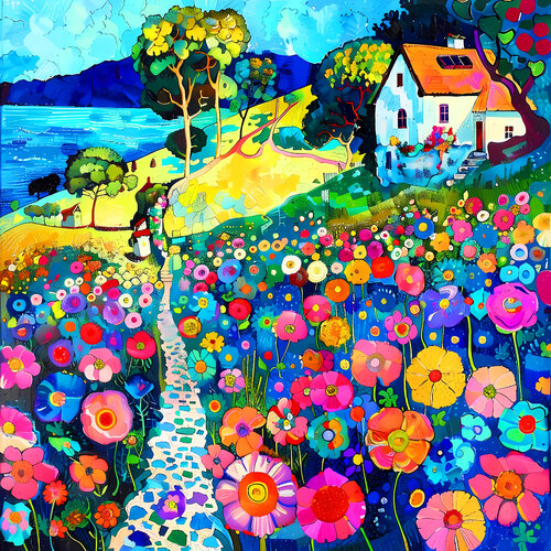 Cozy house near a river lake. Bright colorful fantasy impressionistic fairytale floral landscape with pink flowers. Hanging large positive relax naive fine art for home decor, inspiration by Matisse and Klimt von Irina BAST, Digital kaufen auf Singulart