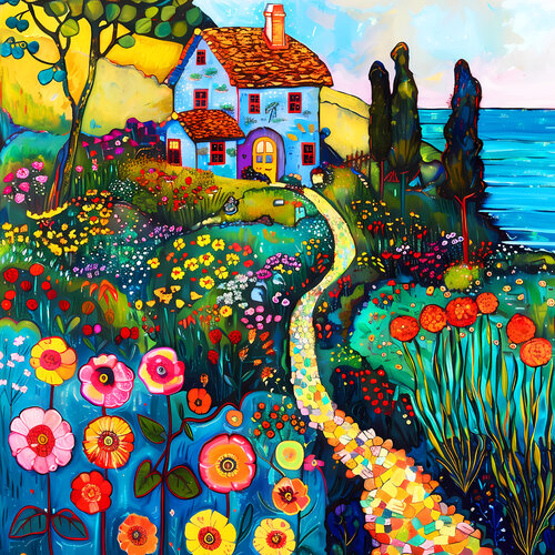 Warm evening with cozy house near the sea. Colorful impressionistic fairytale floral landscape fantasy flowers. Hanging large positive relax naive fine art for home decor, inspiration by Matisse and Klimt van Irina BAST, Digitaal te koop op Singulart