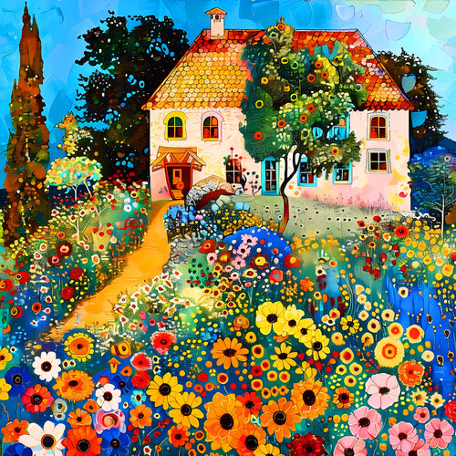 Sunny day with cozy house in colorful garden. Bright impressionistic fairytale floral landscape fantasy flowers. Hanging large positive relax naive fine art for home decor, inspiration by Matisse and Klimt van Irina BAST, Digitaal te koop op Singulart