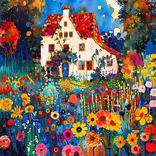 Sunny day with cozy house in colorful garden. Bright impressionistic fairytale floral landscape fantasy flowers. Hanging large positive relax naive fine art for home decor, inspiration by Matisse and Klimt van Irina BAST, Digitaal te koop op Singulart