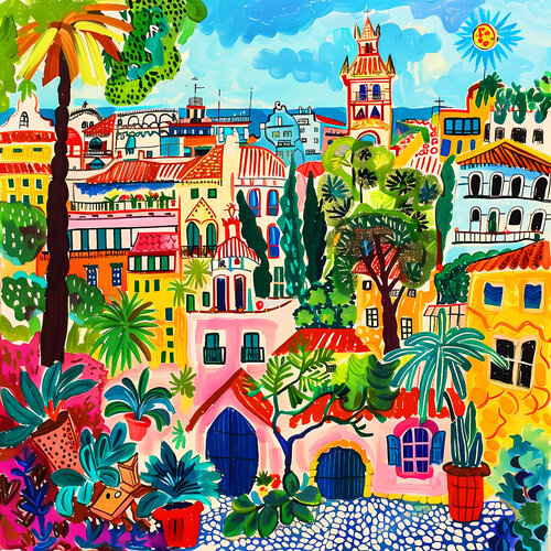 Colorful Barcelona. Bright joyful fauvism impressionistic fairytale colorful landscape fantasy city. Hanging large positive naive dopamine endorphin cheerful fine art for home decor, inspiration by Matisse. von Irina BAST, Digital kaufen auf Singulart