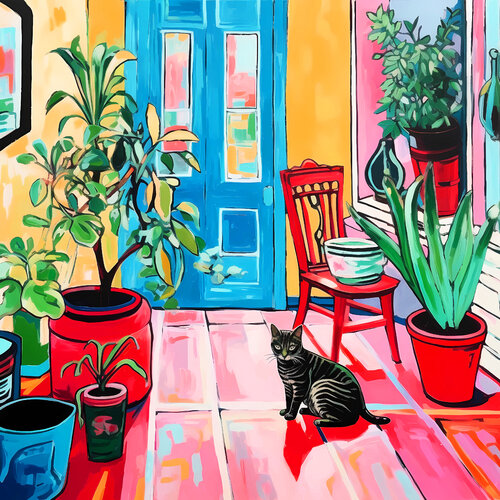 Bright colorful room interior with plants and black gray tabby cat. Joyful fauvism impressionistic fairytale artwork. Hanging multicolored positive naive dopamine endorphin cheerful fine art for home decor, inspiration by Matisse. Irina BAST