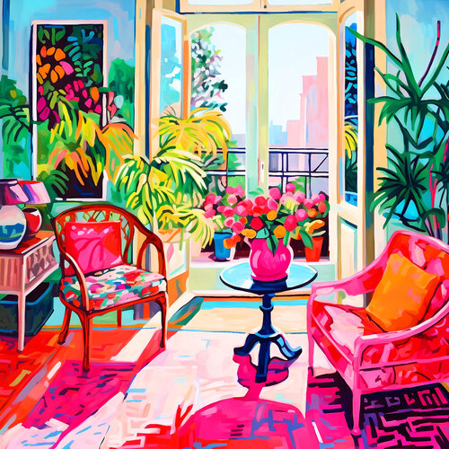 Joyful room. Bright colorful interior. Fauvism artwork, inspiration by Matisse. Hanging positive naive dopamine endorphin cheerful fine art for home decor. van Irina BAST, Digitaal te koop op Singulart