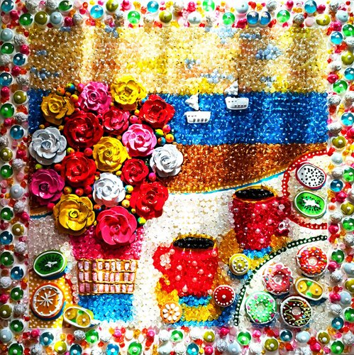 Sunny picnic on the sea - Colorful summer joyful positive mood abstract still life with mosaic & glass. Naive fine art decorative hanging wall sculpture Irina BAST
