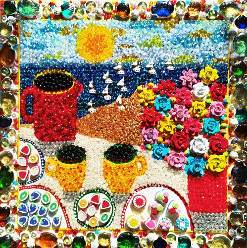 Romantic evening by the sea - Colorful summer joyful positive mood abstract still life with mosaic & glass. Naive fine art decorative hanging wall sculpture Irina BAST
