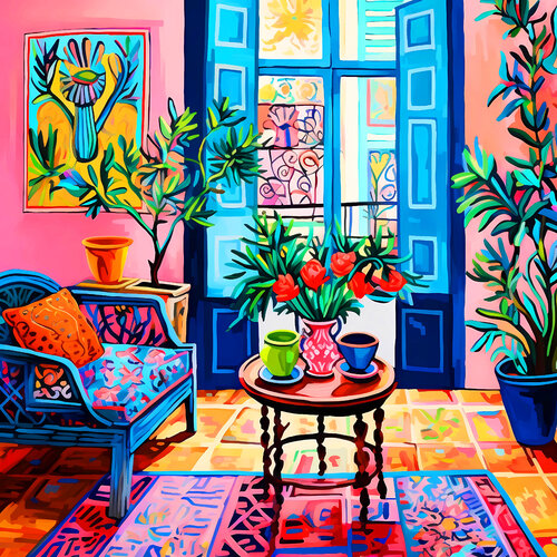Joyful room. Bright colorful interior. Fauvism artwork, inspiration by Matisse. Hanging positive naive dopamine endorphin cheerful fine art for home decor. van Irina BAST, Digitaal te koop op Singulart