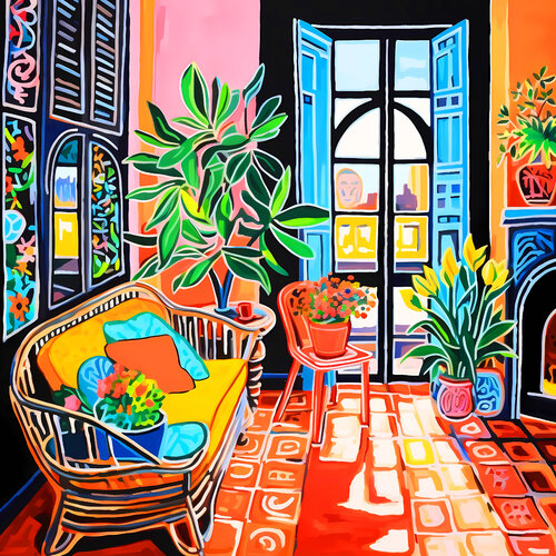 Orange room. Bright colorful interior. Fauvism artwork, inspiration by Matisse. Hanging positive naive dopamine endorphin cheerful fine art for home decor. van Irina BAST, Digitaal te koop op Singulart