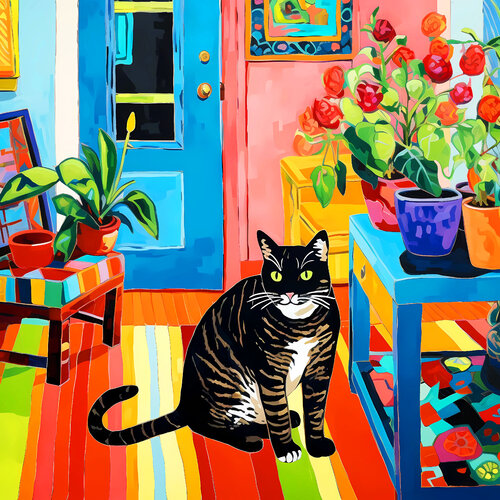 Bright colorful room interior with plants and black gray tabby cat. Joyful fauvism impressionistic fairytale artwork. Hanging multicolored positive naive dopamine endorphin cheerful fine art for home decor, inspiration by Matisse. Irina BAST