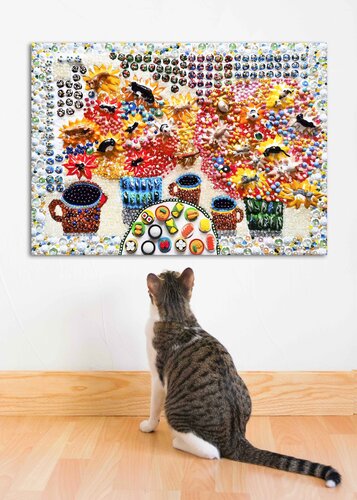 Unusual still life with cats and dogs - Abstract still life with mosaic & glass. Naive fine art decorative hanging wall sculpture painting by Irina BAST, Other Media for Sale on Singulart