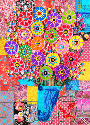 Bouquet of flowers for Matisse - abstract colorful vivid still life mosaic art collage painting van Irina BAST, Schilderij te koop op Singulart